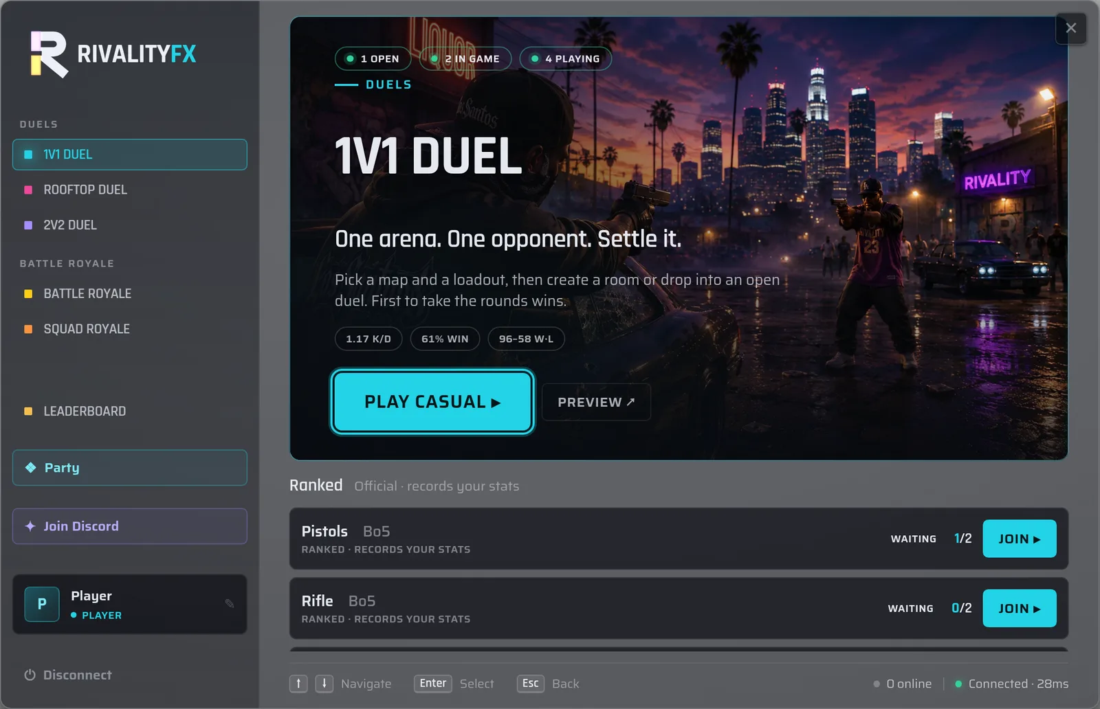 The RivalityFX main menu — a mode cover with hero art, live badges, Play casual and a ranked-slot list